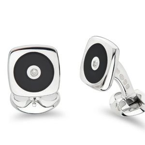 Deakin & Francis Sterling Cushion Shape Cufflinks With Round Onyx and Diamonds